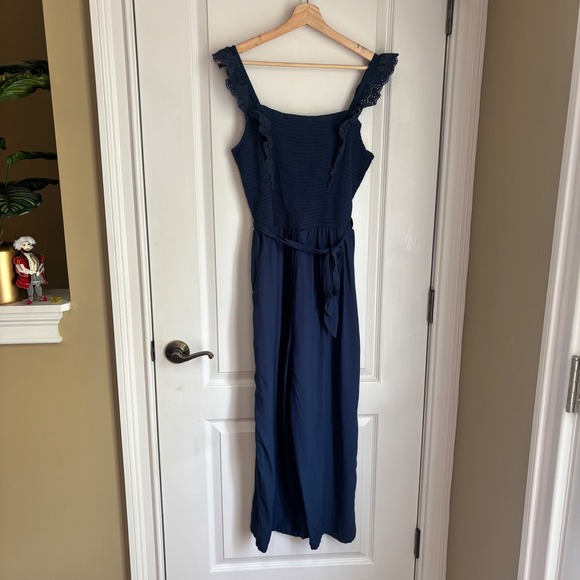 Maurices Pants - Maurices Navy Blue Smocked Eyelet Lace Wide‎ Leg Jumpsuit XL Boho Romper